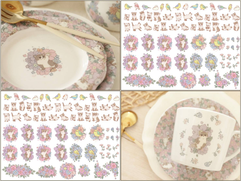 【白磁用】Flower Garden Parts CAT フラワーガーデンパーツタイプ キャットねこちゃん転写紙　A4サイズ （ポーセラーツ ポーセリンアート 花柄  転写紙 ネコ 猫 鳥)
