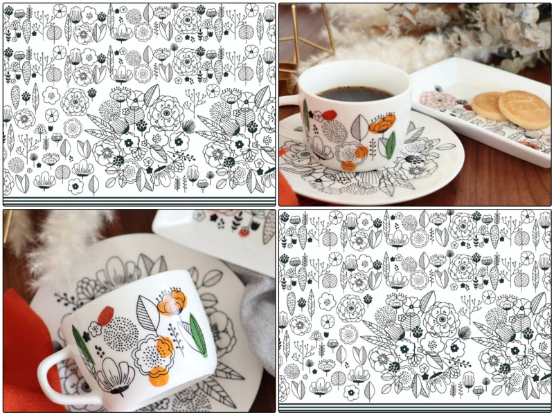 【白磁用】北欧フラワースカンジナビア転写紙　ブラック　A3サイズ　（ポーセラーツ ポーセリンアート 花柄 北欧 転写紙)