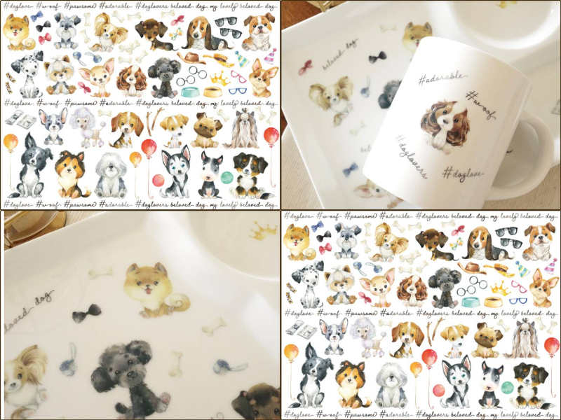 【白磁用】 DOG Party ドッグパーティワンちゃん転写紙　（ポーセラーツ 転写紙 ポーセリンアート 犬)
