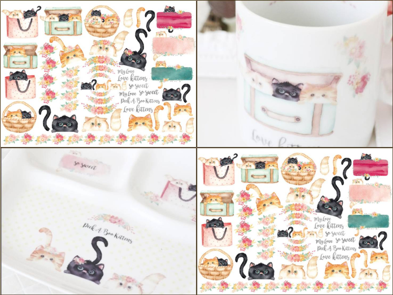 【白磁用】Kittens～こねこちゃん転写紙　（ポーセラーツ ポーセリンアート 花柄  猫　ネコ　転写紙 CAT)
