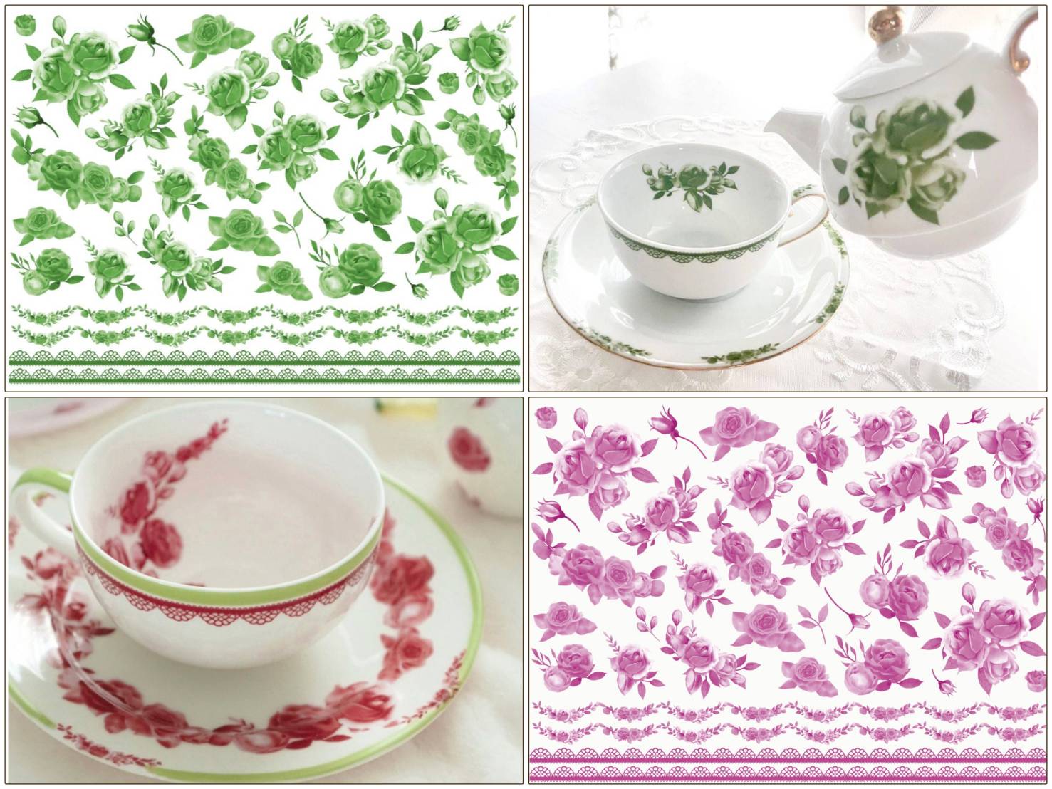 【白磁用・セット割】Noble Rose Green＆Pinkノーブルローズ転写紙 ※お得なセット　（ポーセラーツ ポーセリンアート 花柄 転写紙)